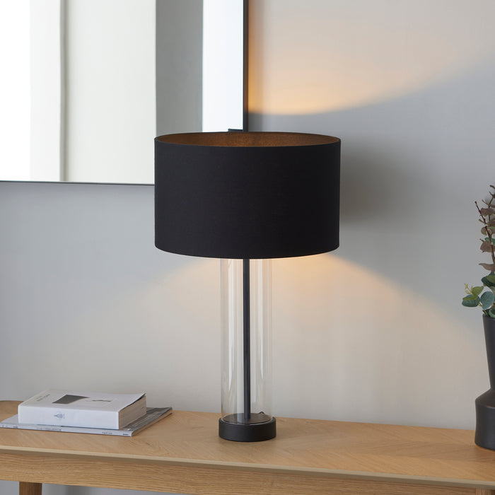 Endon 100440 Lessina 1lt Table Matt black, clear glass & black cotton fabric 10W LED E27 (Required) - westbasedirect.com