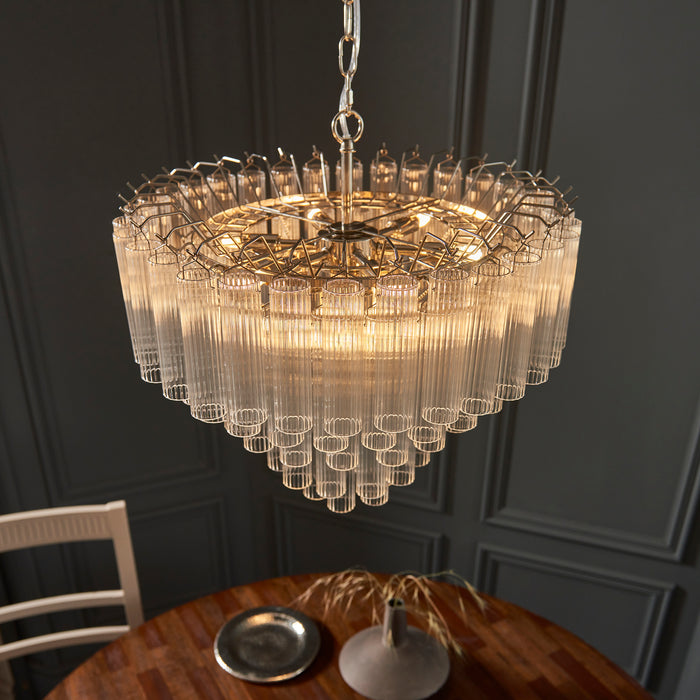 Endon 104090 Toulouse 12lt Pendant Bright nickel plate & clear ribbed glass 12 x 3W LED G9 (Required) - westbasedirect.com