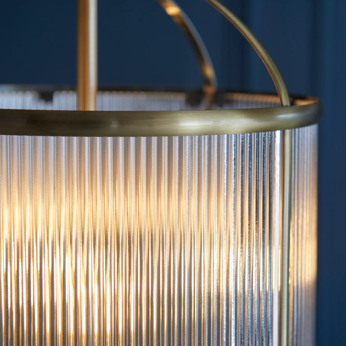 Endon 106711 Lambeth Ribbed 4lt Pendant Antique brass plate & clear ribbed glass 4 x 6W LED E14 (Required) - westbasedirect.com