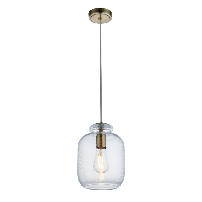 Endon 106923 Lyra 1lt Pendant Clear textured glass & antique brass plate 10W LED E27 (Required) - westbasedirect.com