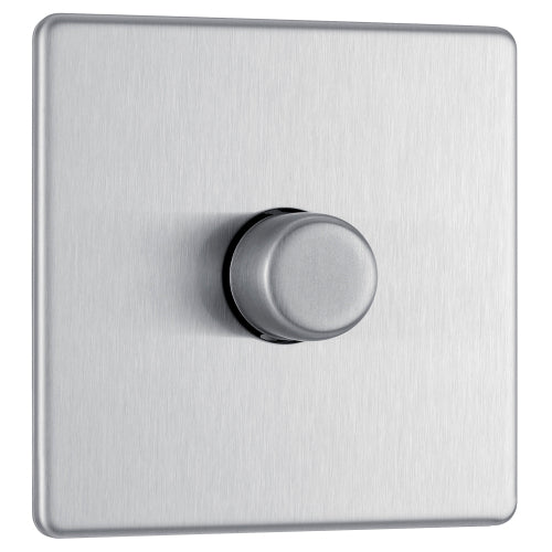 BG FBS81P Flatplate Screwless 2-Way Single Leading Edge Dimmer Push On/Off - Brushed Steel - westbasedirect.com