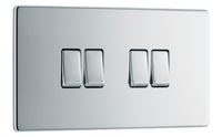 BG FPC44 Flatplate Screwless 20A 16AX 2 Way Quadruple Light Switch - Polished Chrome