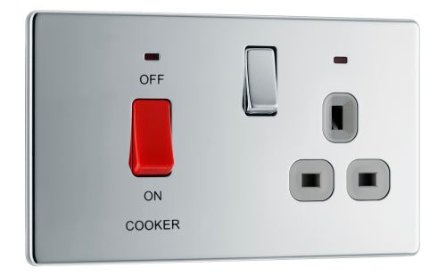 BG FPC70G Flatplate Screwless DP Cooker + Socket + Neon - Grey Insert - Polished Chrome - westbasedirect.com