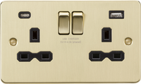 Knightsbridge FPR9940BB Flat Plate 13A 2G SP Switched Socket + 2xUSB A+C (5V DC 4.0A Shared) - Brushed Brass + Black Insert