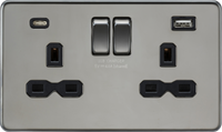 Knightsbridge SFR9940BN Screwless 13A 2G SP Switched Socket + 2xUSB A+C (5V DC 4.0A Shared) - Black Nickel + Black Insert