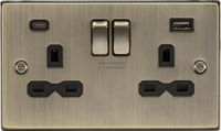Knightsbridge CS9940AB Square Edge 13A 2G SP Switched Socket + 2xUSB A+C (5V DC 4.0A Shared) - Antique Brass + Black Insert