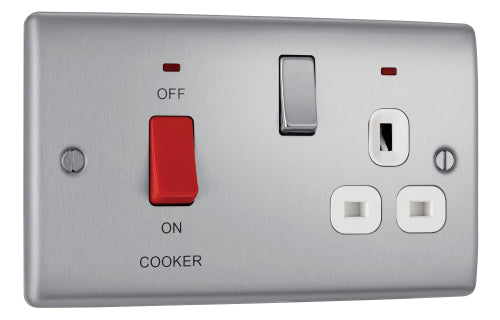 BG NBS70W Nexus Metal DP Cooker + Socket + Neon - White Insert - Brushed Steel - westbasedirect.com