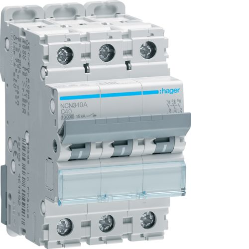 Hager NCN340A 40A Triple Pole C Curve 10kA MCB - westbasedirect.com