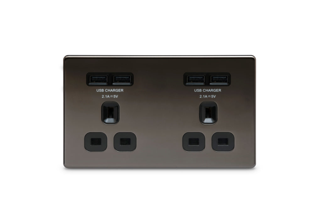 BG FBN24U44B Flatplate Screwless Double Socket + 4x USB - Black Insert - Black Nickel - westbasedirect.com