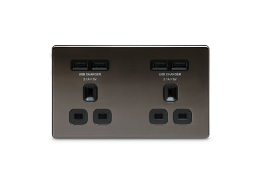 BG FBN24U44B Flatplate Screwless Double Socket + 4x USB - Black Insert - Black Nickel - westbasedirect.com