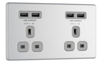 BG FBS24U44G Flatplate Screwless Double Socket + 4x USB - Grey Insert - Brushed Steel