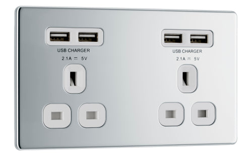 BG FPC24U44W Flatplate Screwless Double Socket + 4x USB - White Insert - Polished Chrome - westbasedirect.com