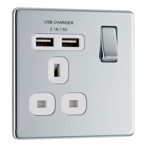 BG FPC21UW Flatplate Screwless Single Socket + 2x USB - White Insert - Polished Chrome - westbasedirect.com