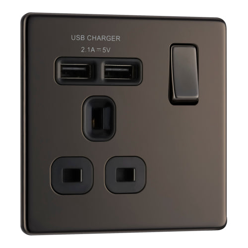 BG FBN21U2B Flatplate Screwless Single Socket + 2x USB - Black Insert - Black Nickel - westbasedirect.com