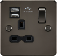 Knightsbridge FPR9124GM Flat Plate 13A 1G Switched Socket + 2xUSB 2.4A - Gunmetal + Black Insert