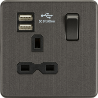 Knightsbridge SFR9124SB Screwless 13A 1G Switched Socket + 2xUSB 2.4A - Smoked Bronze