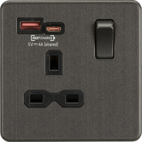 Knightsbridge SFR9919SB Screwless 13A 1G Switched Socket + 2xUSB (A+C) FAST - Smoked Bronze