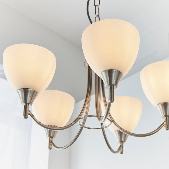 Endon 1805-5SC Alton 5lt Pendant Satin chrome plate & opal glass 5 x 60W E14 golf (Required) - westbasedirect.com