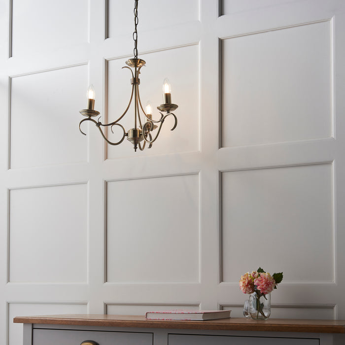 Endon 2030-3AN Bernice 3lt Pendant Antique brass plate 3 x 60W E14 candle (Required) - westbasedirect.com