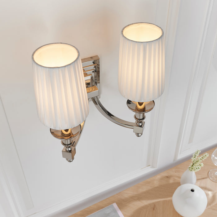 Endon DOMINA-2WBNI Domina 2lt Wall Nickel plate & white fabric 2 x 6W LED E14 (Required) - westbasedirect.com