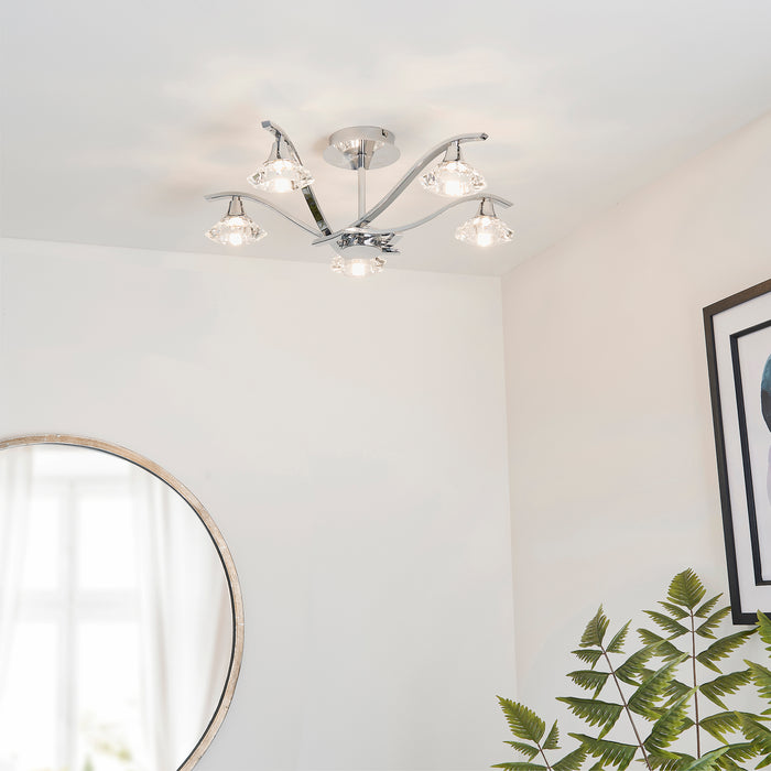 Endon LANGELLA-5CH Langella 5lt Semi flush Chrome plate & clear crystal 5 x 3W LED G9 (Required) - westbasedirect.com