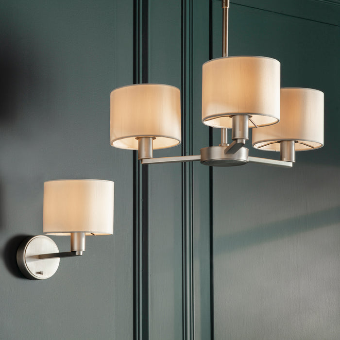 Endon 60256 Daley 3lt Pendant Matt nickel plate & vintage white fabric 3 x 40W E14 candle (Required) - westbasedirect.com