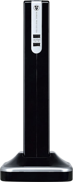Masterplug 8 Socket 2m 13A + 2x3.1A USB Switched Surge Tower Extension Lead Gloss Black - westbasedirect.com