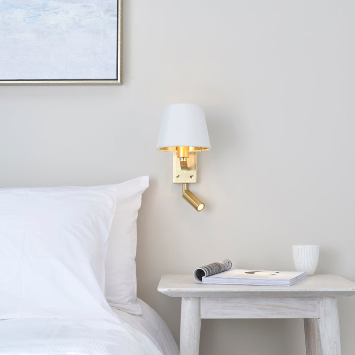 Endon 69092 Harvey 2lt Wall Brushed satin gold finish & vintage white fabric 40W E14 golf & 4W LED (SMD 3535) Warm White (Required) - westbasedirect.com