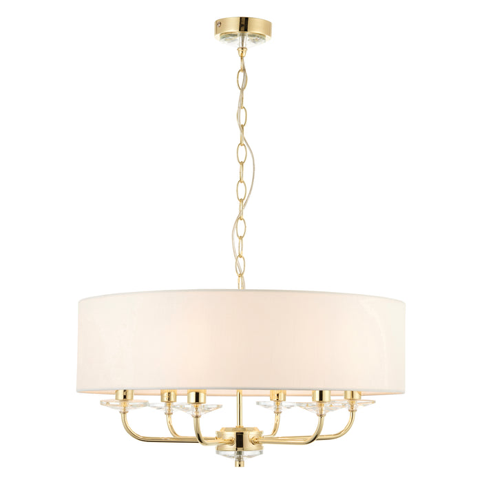 Endon 70561 Nixon 6lt Pendant Brass plate & vintage white fabric 6 x 40W E14 candle (Required) - westbasedirect.com