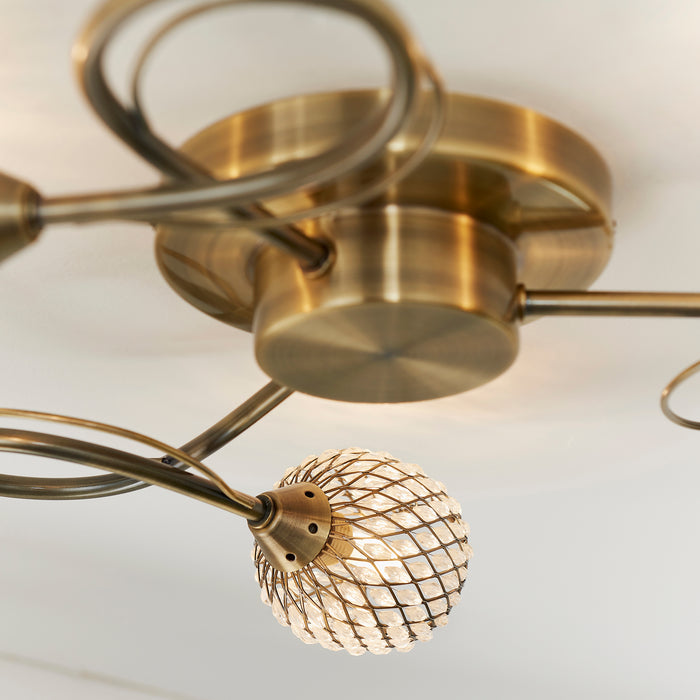 Endon 73758 Aherne 3lt Semi flush Antique brass plate with clear glass & antique brass wire 3 x 33W G9 clear capsule (Required) - westbasedirect.com