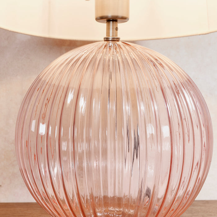 Endon 81909 Jemma 1lt Table Dusky pink ribbed glass & satin nickel plate 10W LED E27 (Required) - westbasedirect.com