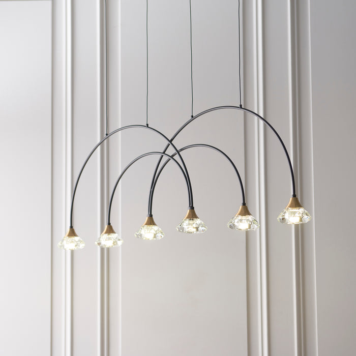 Endon 82016 Zander 6lt Pendant Matt black & brushed brass finish with clear crystal 6 x 2.16W LED (SMD 2835) Warm White - westbasedirect.com
