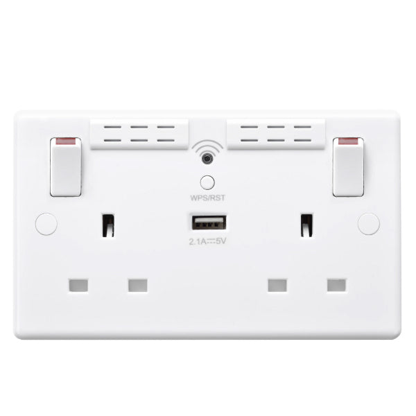 BG 822UWR White Round Edge 13A Double Socket + Wifi Extender +1x USB(2.1A) - westbasedirect.com