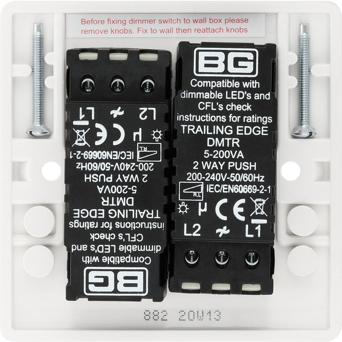 BG 882 White Round Edge 2-Way Double Trailing Edge Dimmer Push On/Off - westbasedirect.com