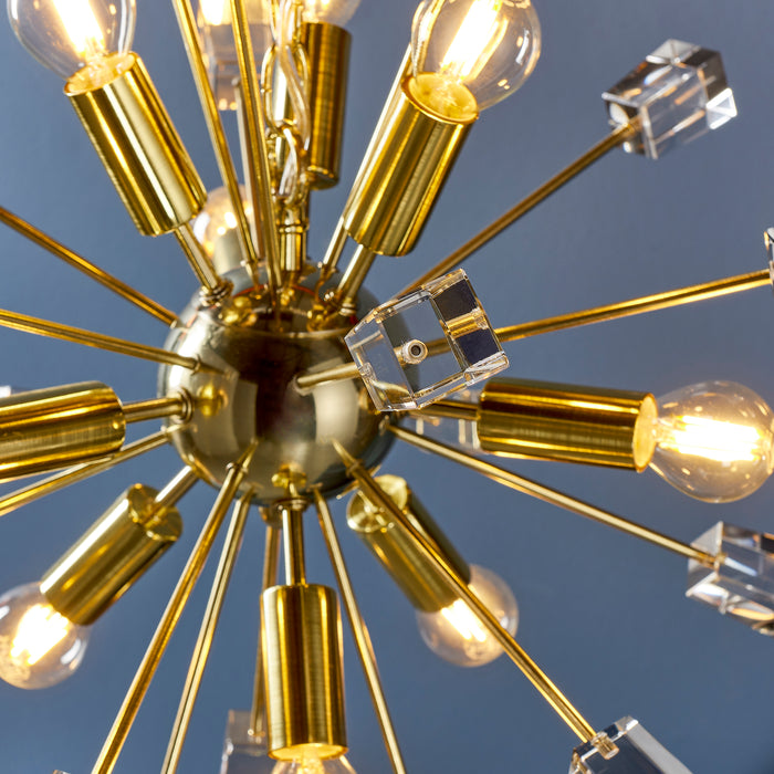Endon 90293 Miro 9lt Pendant Satin brass plate & clear crystal 9 x 6W LED E14 (Required) - westbasedirect.com