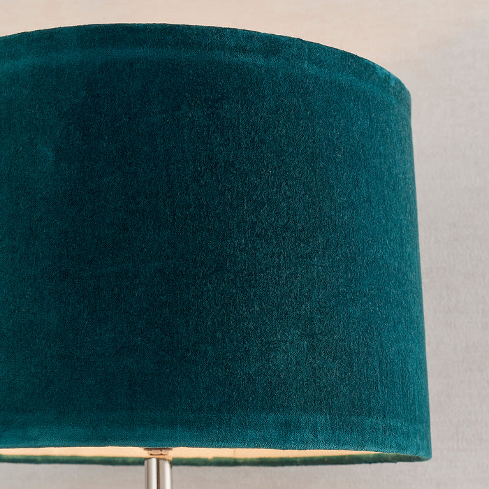 Endon 90545 Winslet 1lt Table Clear hammered glass & bright nickel plate with teal velvet 40W E27 GLS (Required) - westbasedirect.com