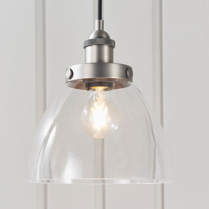 Endon 91738 Hansen 1lt Pendant Brushed silver paint & clear glass 40W E27 GLS (Required) - westbasedirect.com