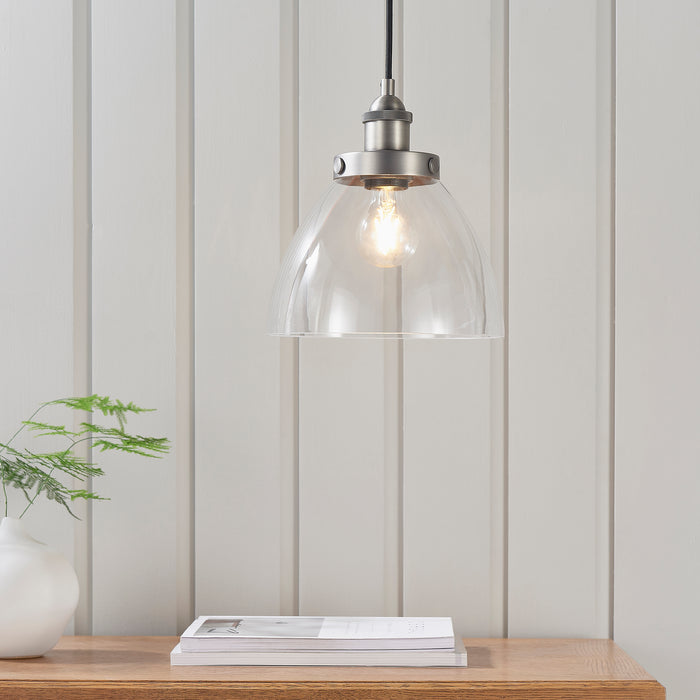 Endon 91738 Hansen 1lt Pendant Brushed silver paint & clear glass 40W E27 GLS (Required) - westbasedirect.com