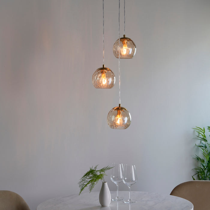 Endon 91971 Dimple 3lt Pendant Satin brass plate & champagne lustre glass 3 x 7W LED E14 (Required) - westbasedirect.com