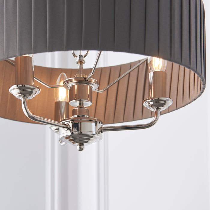 Endon 94394 Highclere 3lt Pendant Bright nickel plate & charcoal fabric 3 x 40W E14 candle (Required) - westbasedirect.com