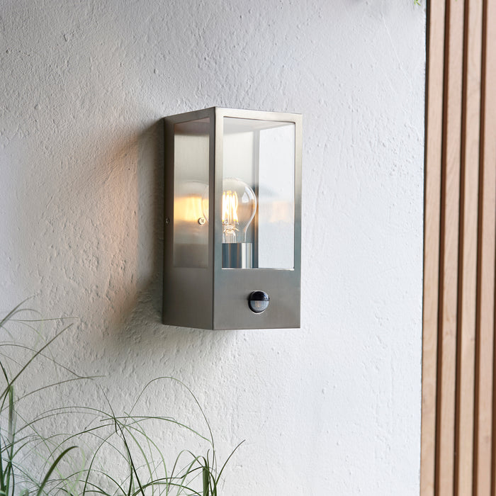 Endon 96088 Oxford PIR 1lt Wall Brushed stainless steel & clear glass 10W LED E27 (Required) - westbasedirect.com