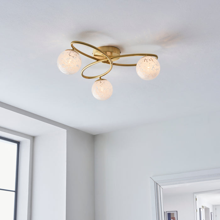 Endon 97231 Maye 3lt Semi flush Satin brass plate & white confetti glass 3 x 3W LED G9 (Required) - westbasedirect.com