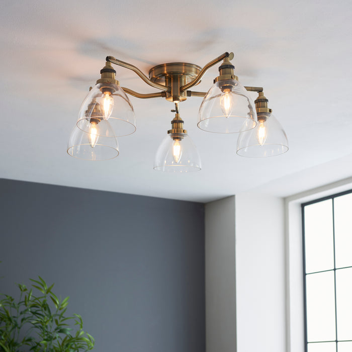 Endon 97248 Hansen 5lt Semi flush Antique brass plate & clear glass 5 x 7W LED E14 (Required) - westbasedirect.com