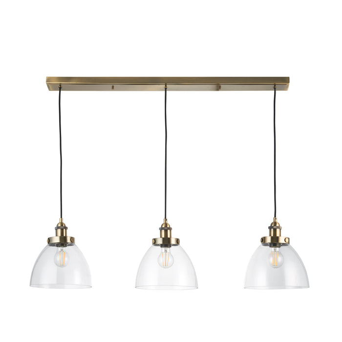 Endon 98114 Hansen 3lt Pendant Antique brass plate & clear glass 3 x 10W LED E27 (Required) - westbasedirect.com