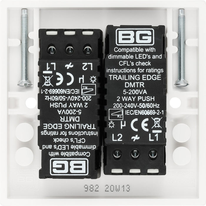 BG 982 White Square Edge 2-Way Double Trailing Edge Dimmer Push On/Off - westbasedirect.com