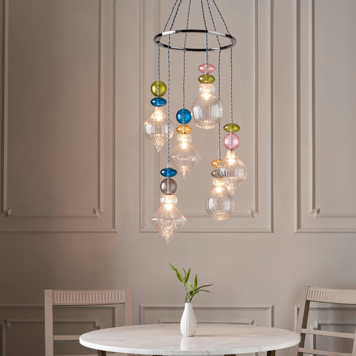 Endon 99593 April 6lt Pendant Chrome plate, clear & multi coloured glass 6 x 3W LED G9 (Required) - westbasedirect.com