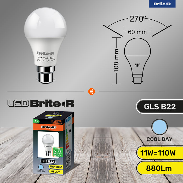 Brite-R 11W B22 BC GLS LED Bulb Cool White 6500K - westbasedirect.com