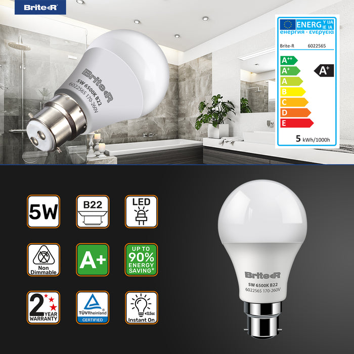Brite-R 5W B22 BC GLS LED Bulb Cool White 6500K - westbasedirect.com