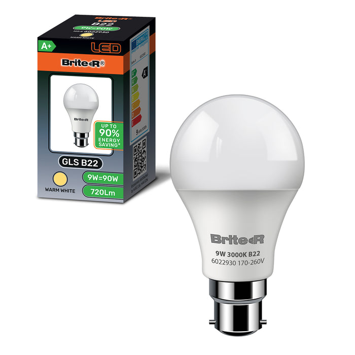 Brite-R 9W B22 BC GLS LED Bulb Warm White 3000K - westbasedirect.com