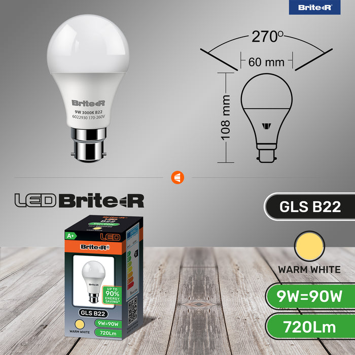 Brite-R 9W B22 BC GLS LED Bulb Warm White 3000K - westbasedirect.com